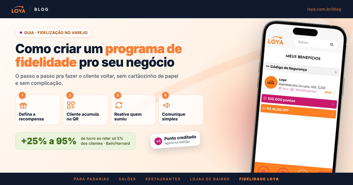 Guia da Loya sobre como criar um programa de fidelidade, com os quatro passos (definir a recompensa, o cliente acumular no QR code, reativar quem sumiu e comunicar de forma simples) e o dado de que reter 5% dos clientes eleva o lucro de 25% a 95%